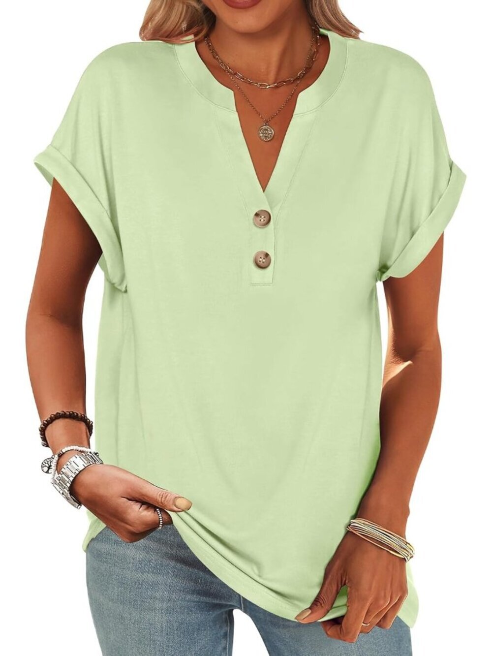 Women's Green Summer Short Sleeves Henley V Neck Comfortable Trendy Tee Shirts